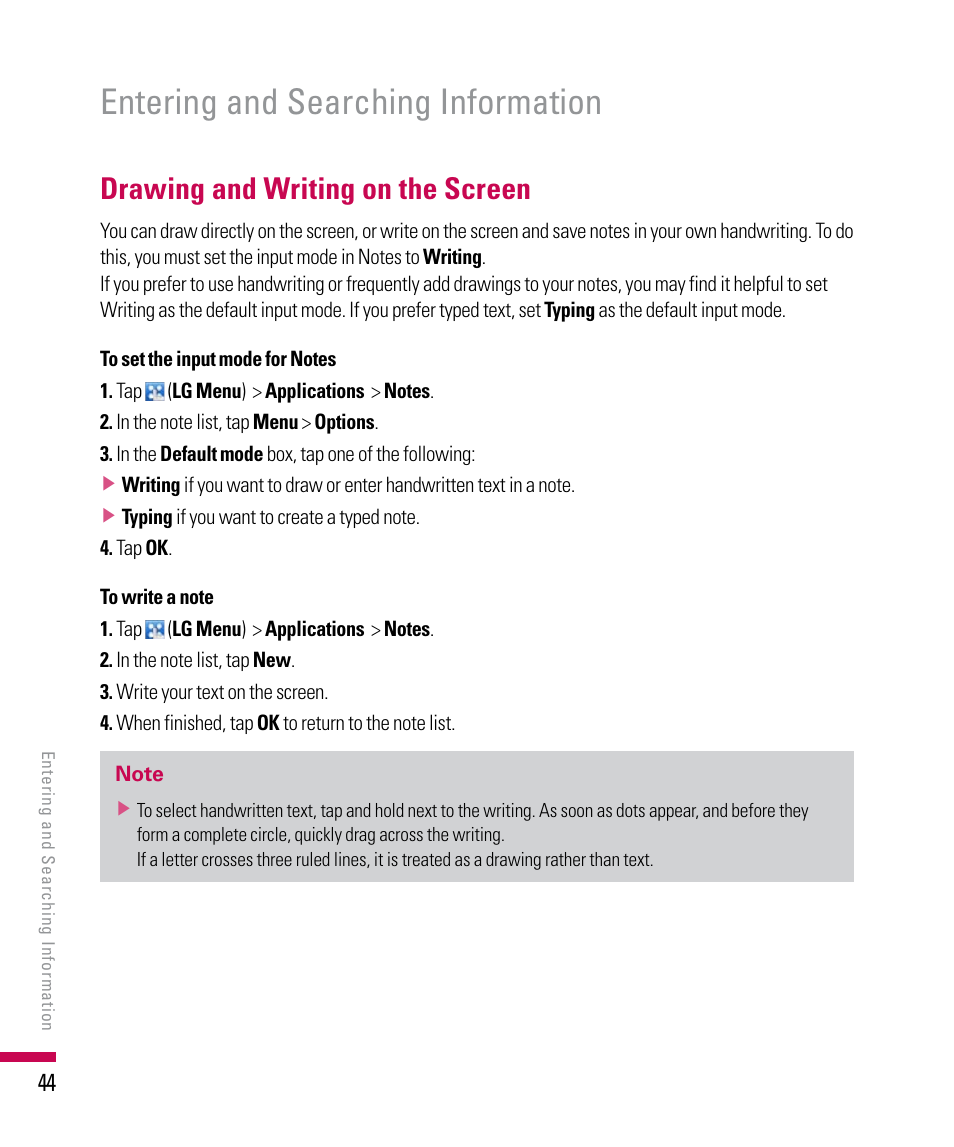 Entering and searching information, Drawing and writing on the screen | LG PDA User Manual | Page 44 / 195