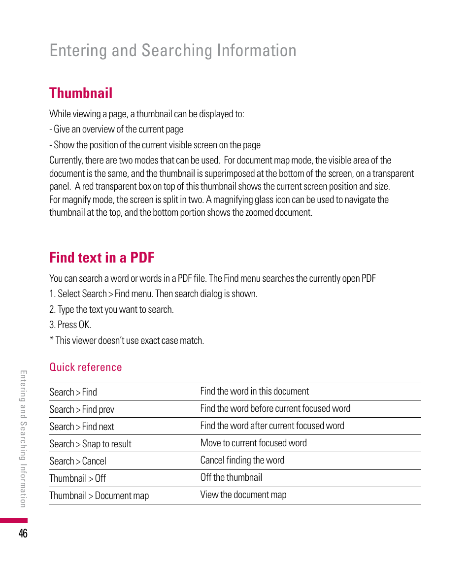 Entering and searching information, Thumbnail, Find text in a pdf | LG PDA User Manual | Page 46 / 195