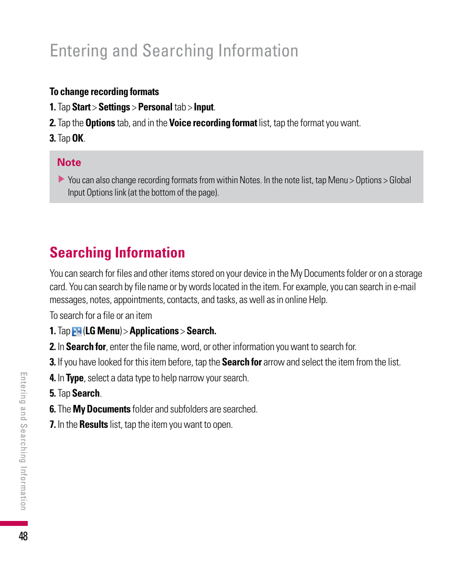 Entering and searching information, Searching information | LG PDA User Manual | Page 48 / 195