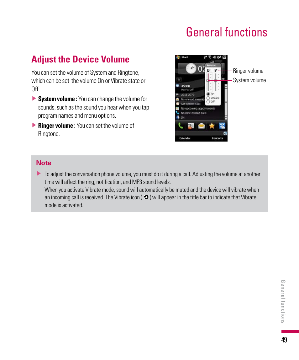 General functions, Adjust the device volume | LG PDA User Manual | Page 49 / 195