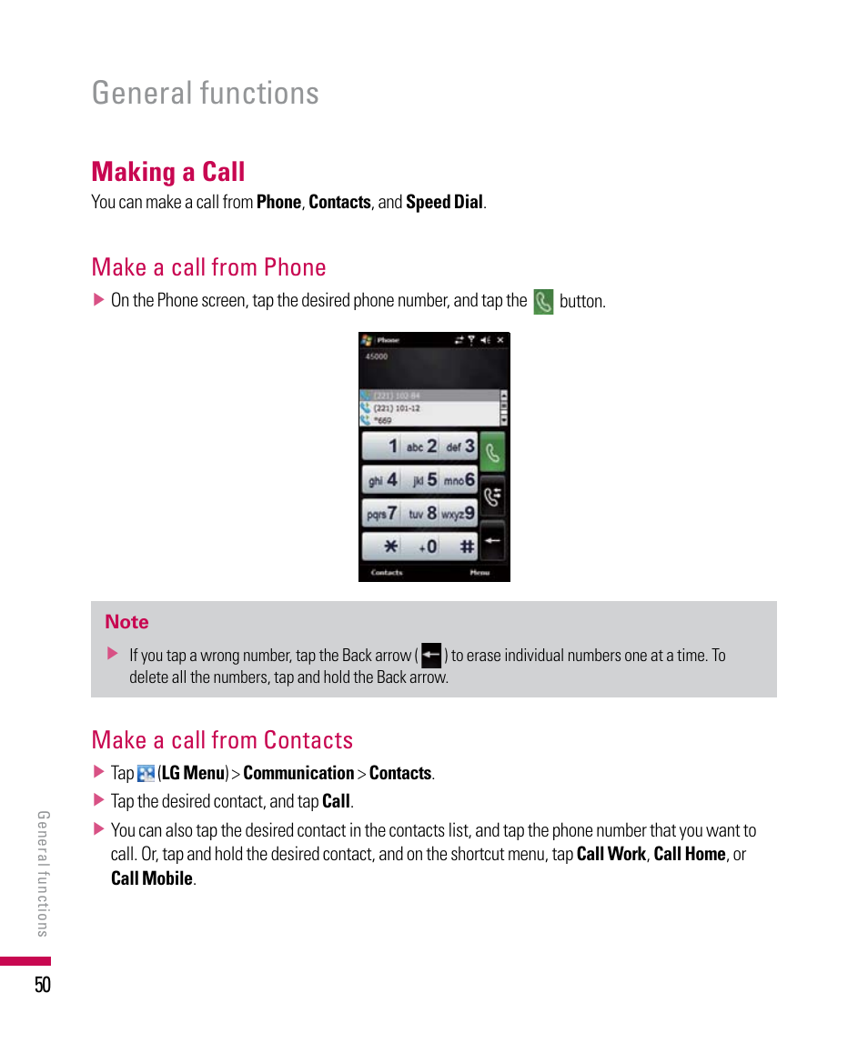 General functions, Making a call, Make a call from phone | Make a call from contacts | LG PDA User Manual | Page 50 / 195