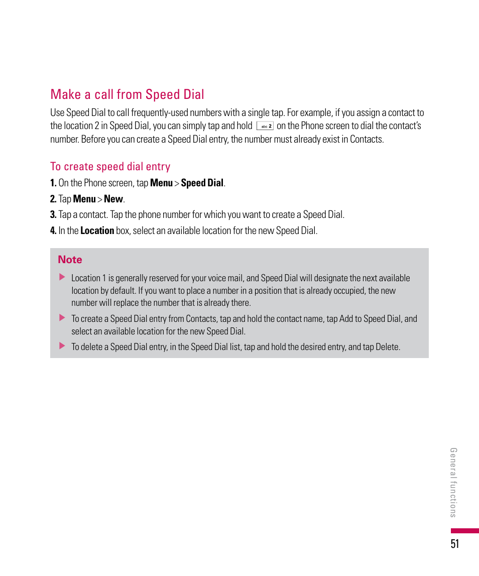 Make a call from speed dial | LG PDA User Manual | Page 51 / 195