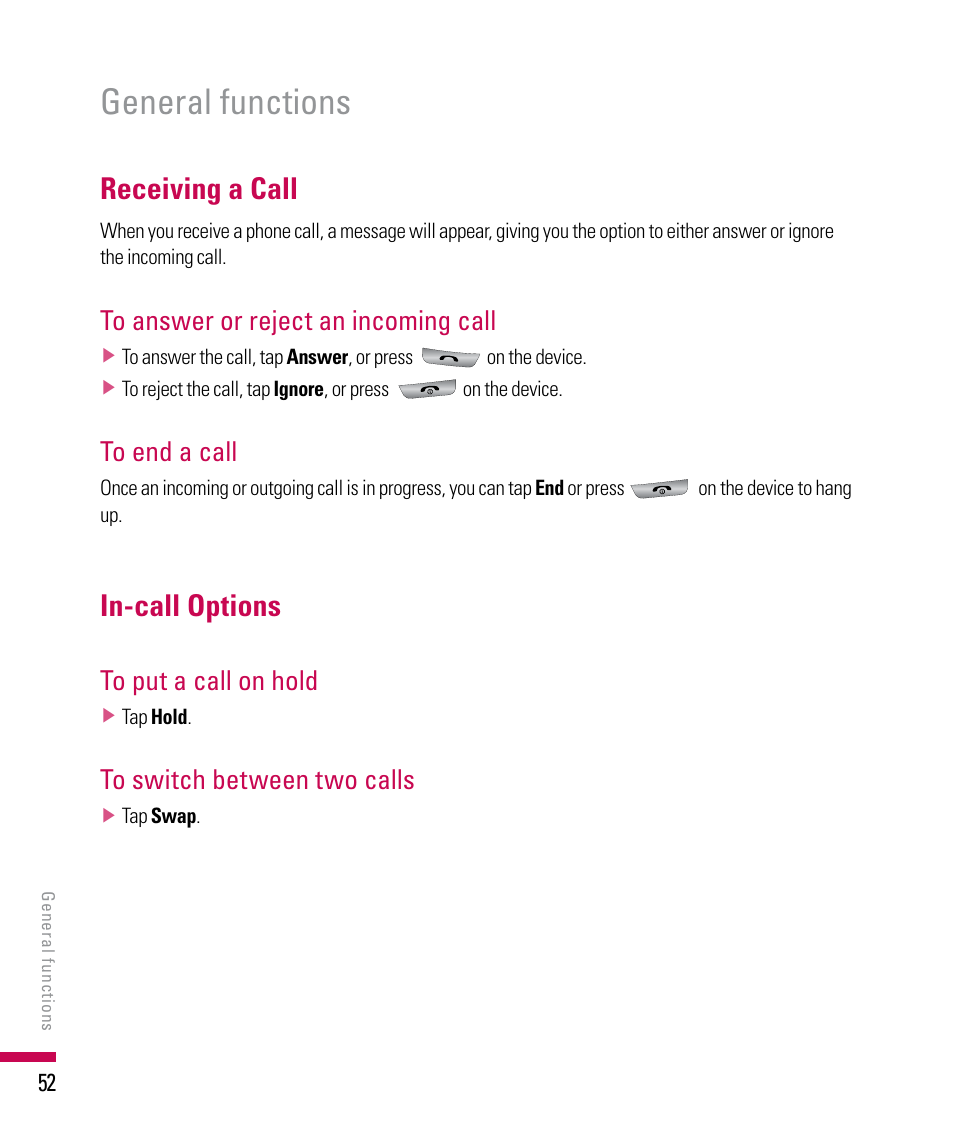 General functions, Receiving a call, In-call options | LG PDA User Manual | Page 52 / 195