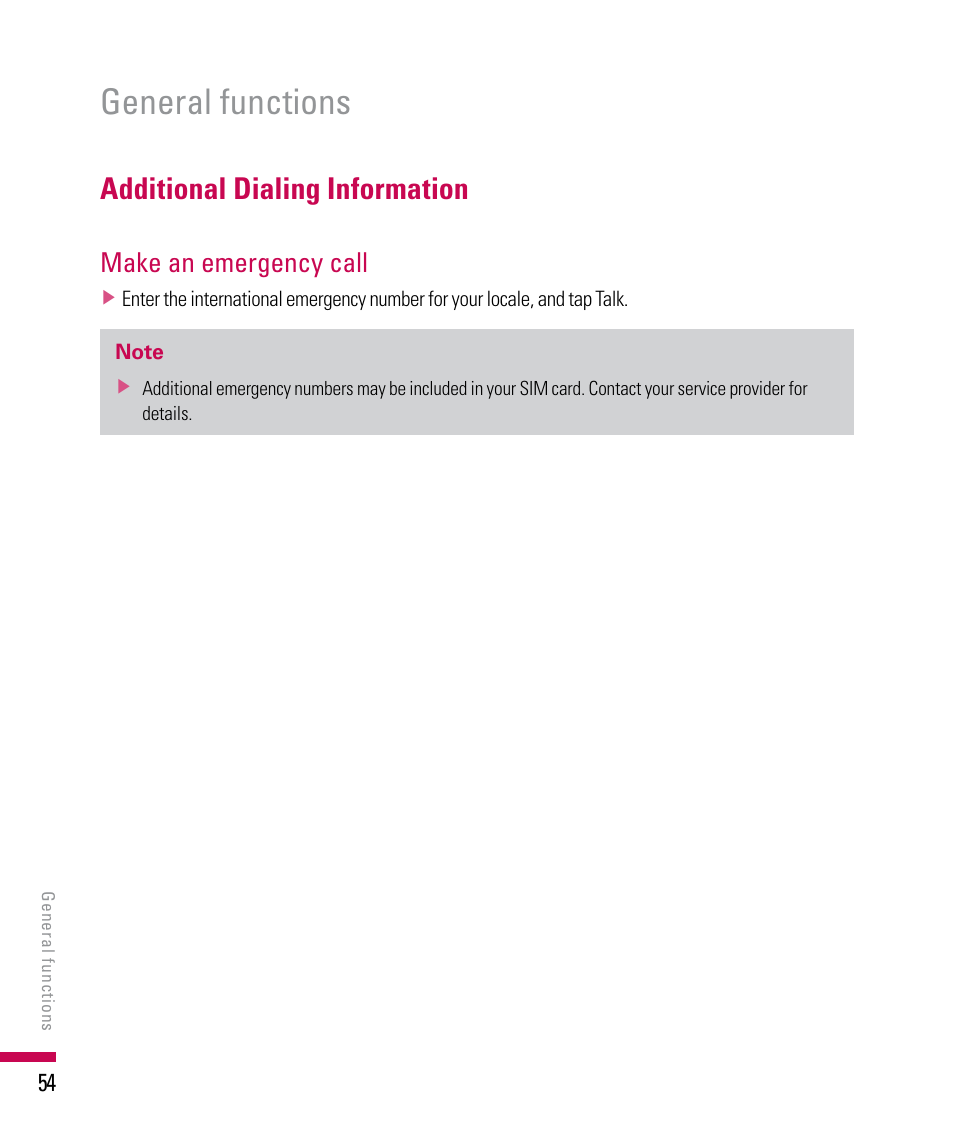 General functions, Additional dialing information, Make an emergency call | LG PDA User Manual | Page 54 / 195