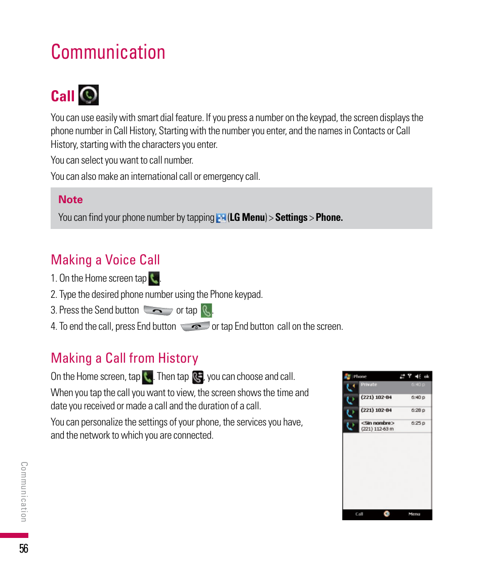 Communication, Call, Making a voice call | Making a call from history | LG PDA User Manual | Page 56 / 195