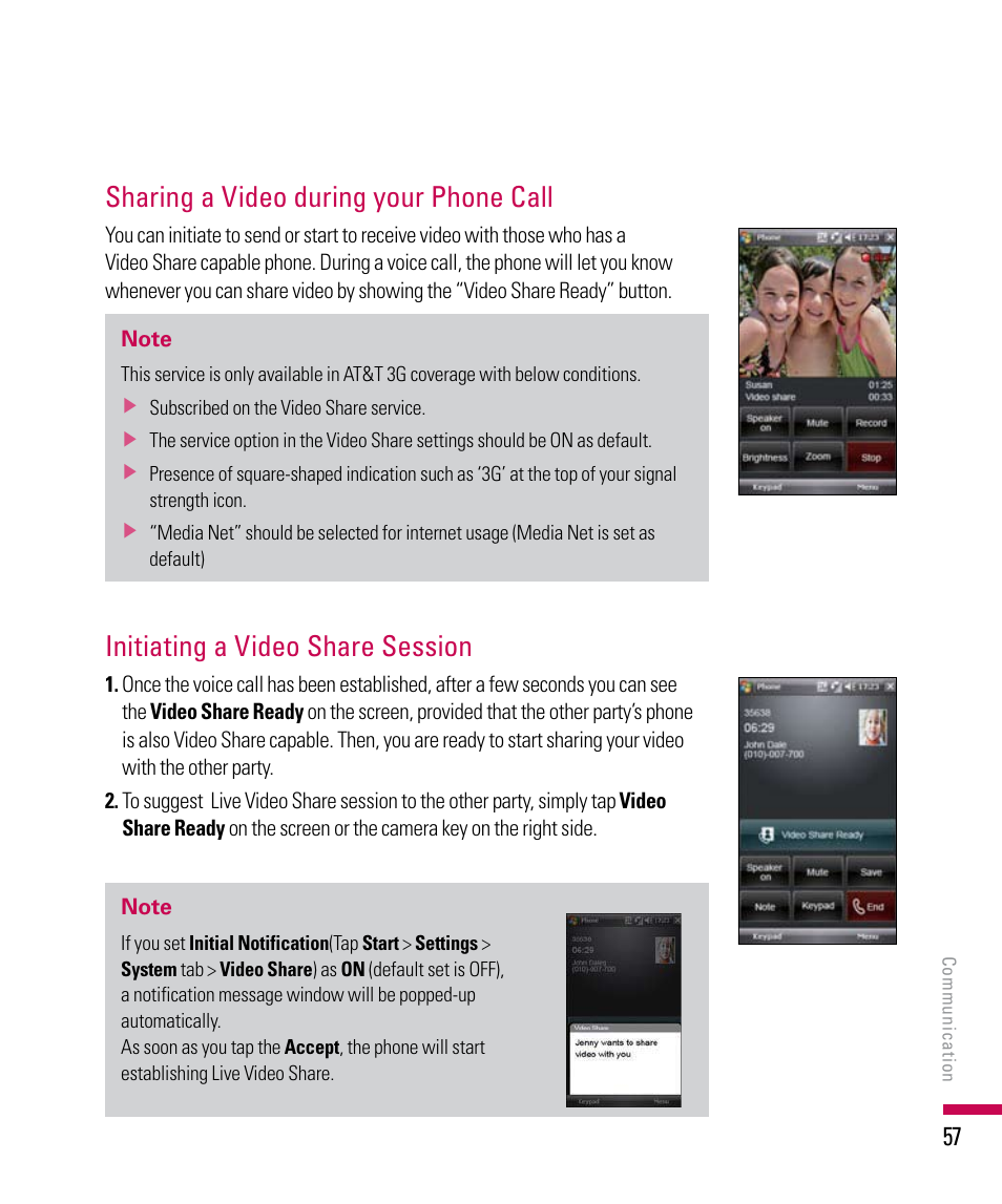 Sharing a video during your phone call, Initiating a video share session | LG PDA User Manual | Page 57 / 195