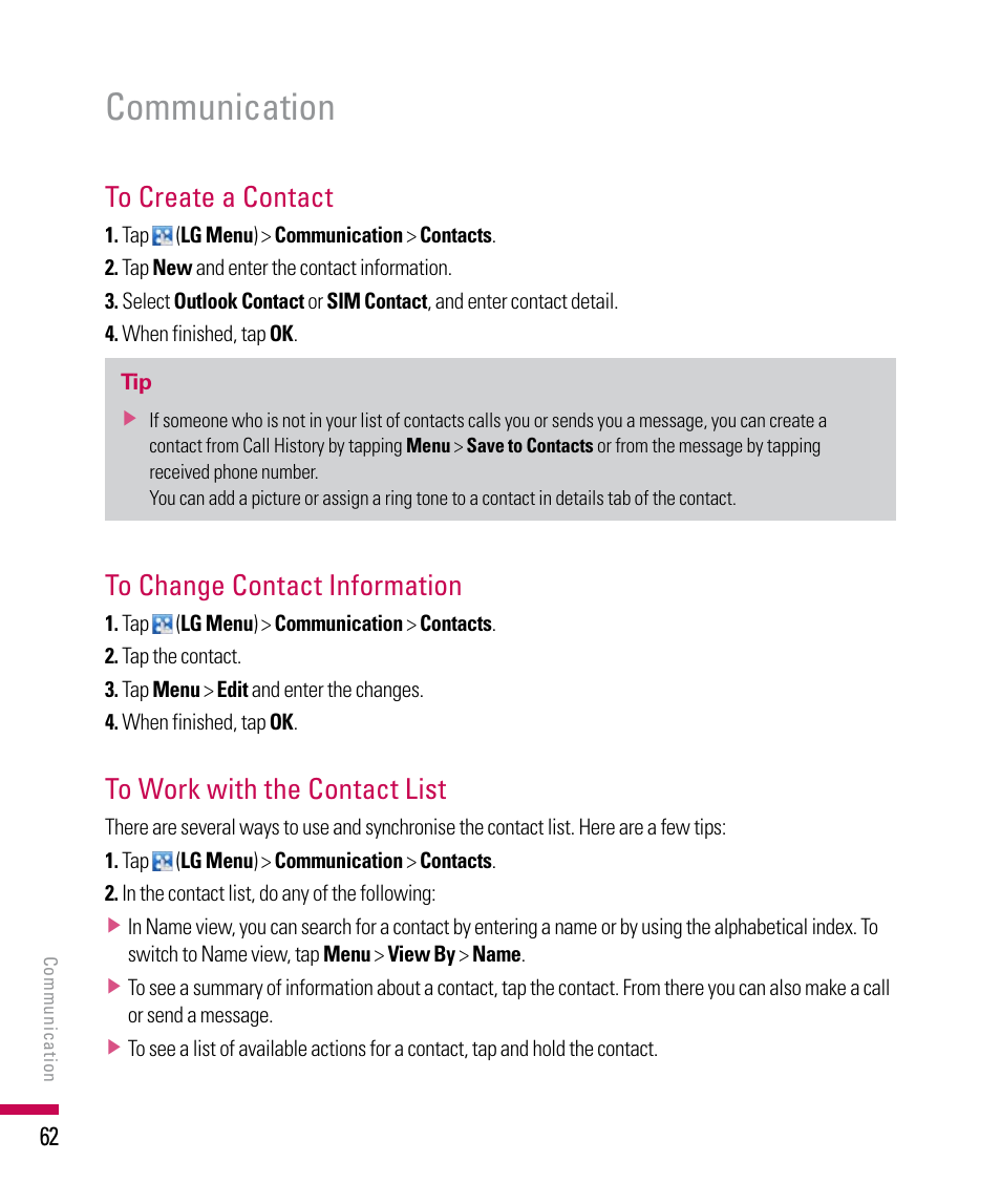 Communication | LG PDA User Manual | Page 62 / 195