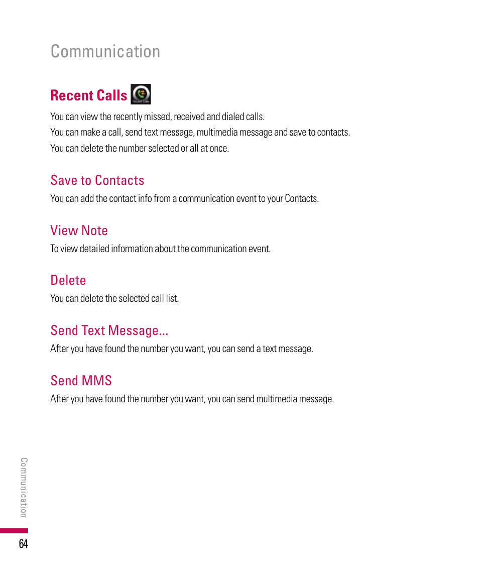 Communication, Recent calls, Save to contacts | Delete, Send text message, Send mms | LG PDA User Manual | Page 64 / 195