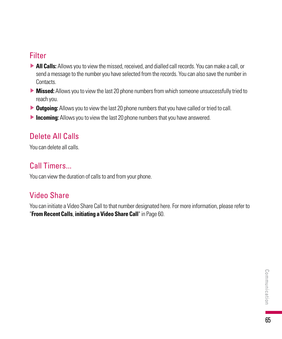 Filter, Delete all calls, Call timers | Video share | LG PDA User Manual | Page 65 / 195