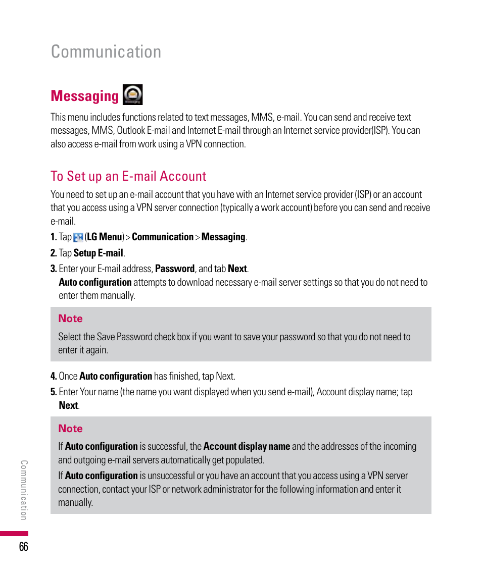 Communication, Messaging | LG PDA User Manual | Page 66 / 195