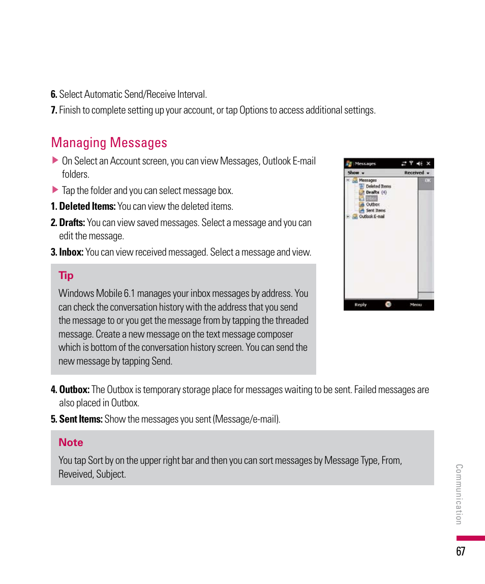 Managing messages | LG PDA User Manual | Page 67 / 195