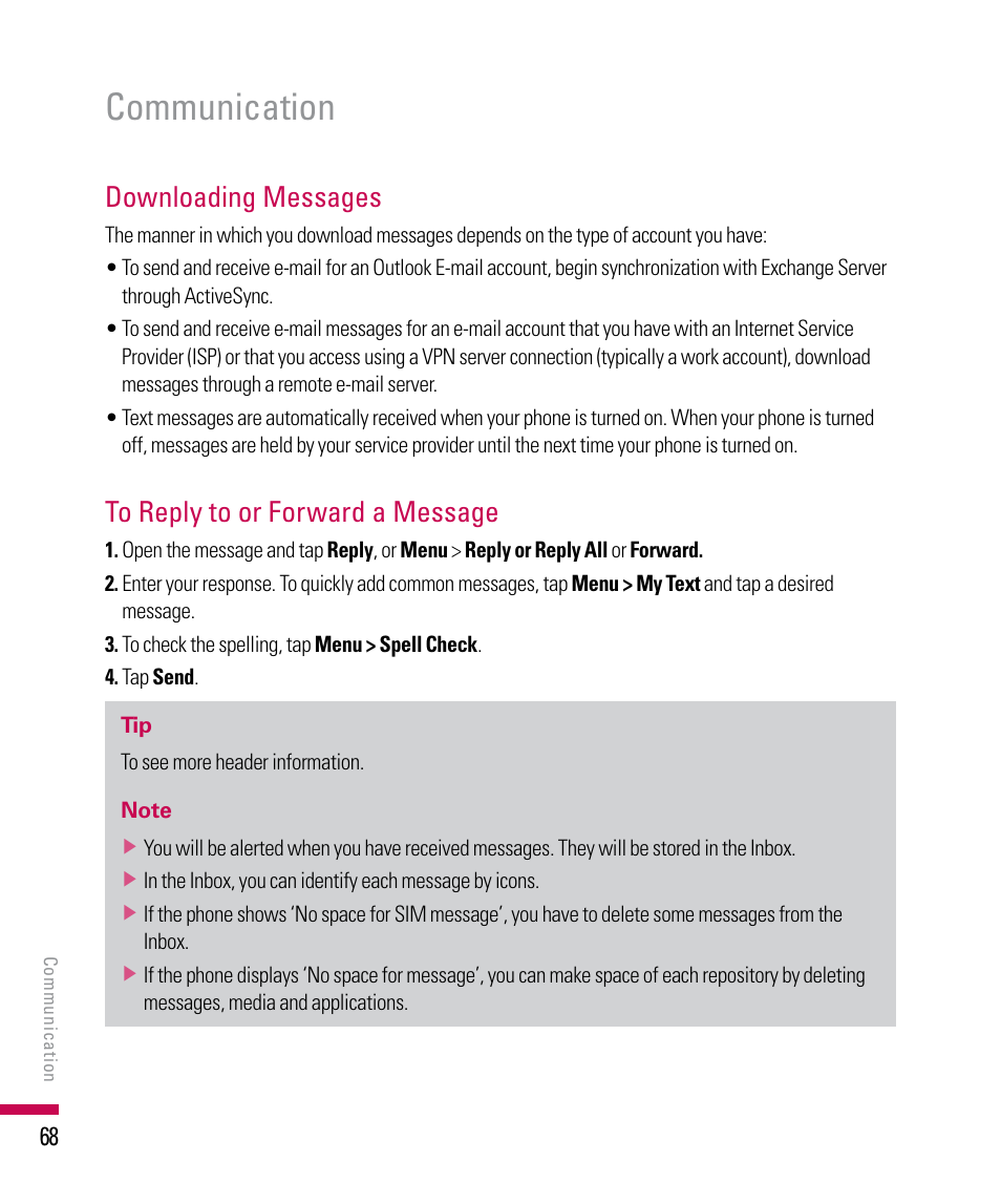 Communication, Downloading messages | LG PDA User Manual | Page 68 / 195