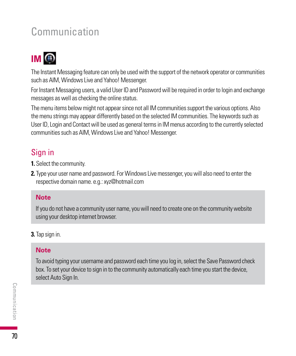 Communication, Sign in | LG PDA User Manual | Page 70 / 195