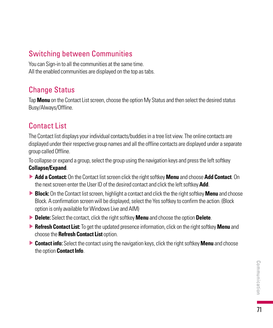 Switching between communities, Change status, Contact list | LG PDA User Manual | Page 71 / 195