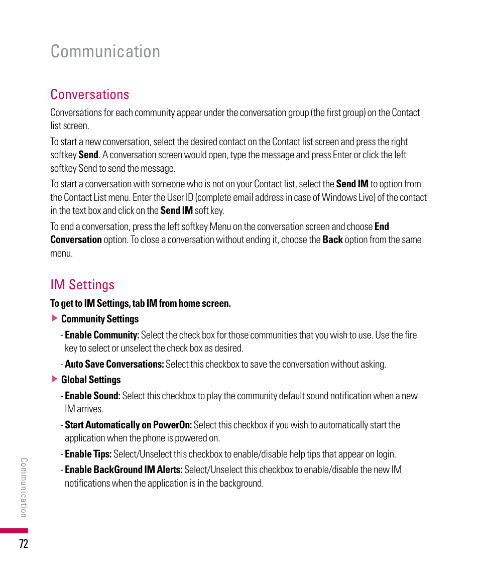 Communication, Conversations, Im settings | LG PDA User Manual | Page 72 / 195