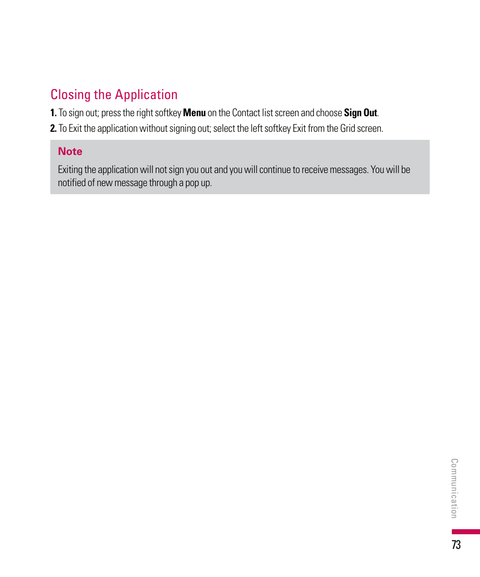 Closing the application | LG PDA User Manual | Page 73 / 195