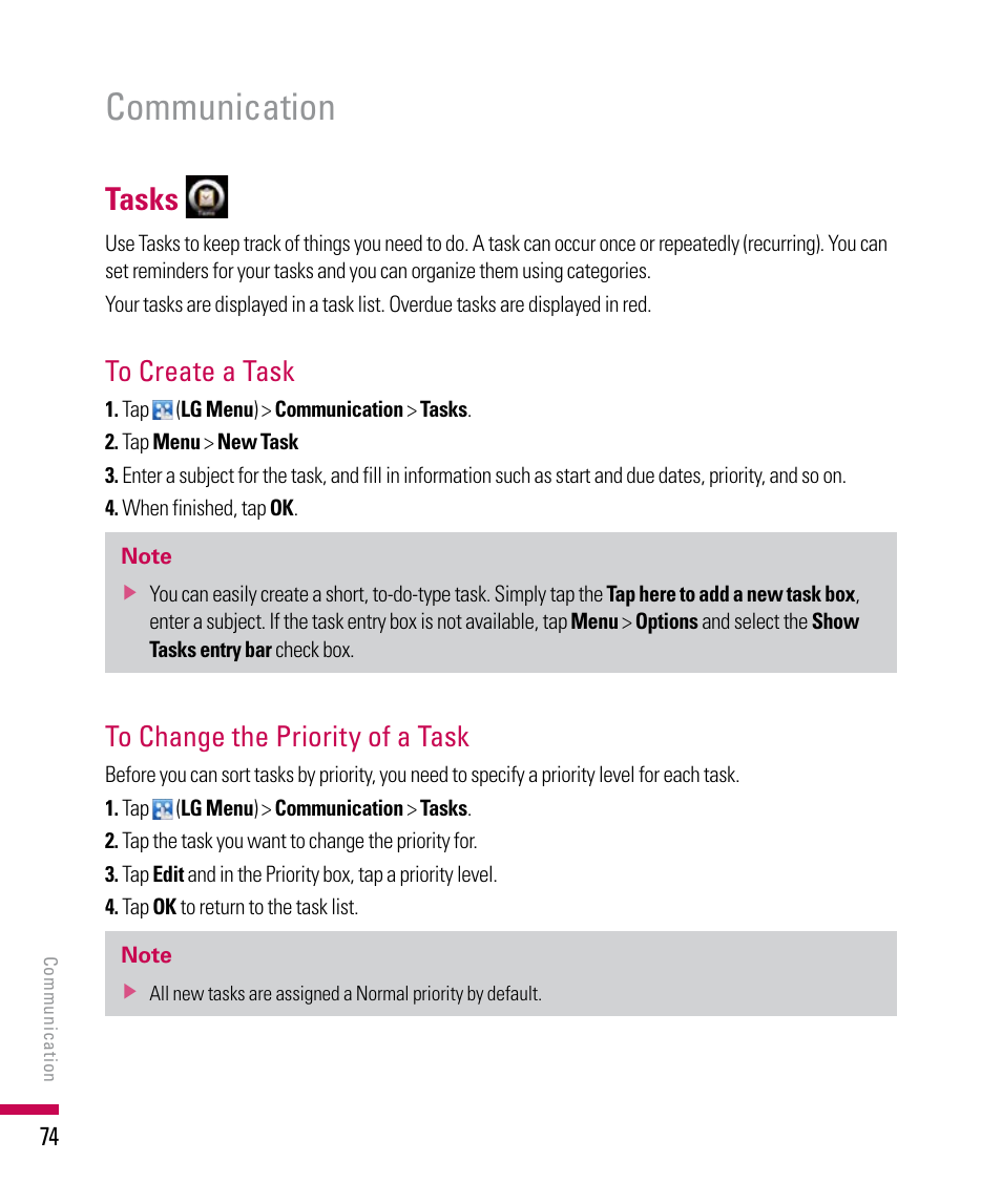 Communication, Tasks | LG PDA User Manual | Page 74 / 195