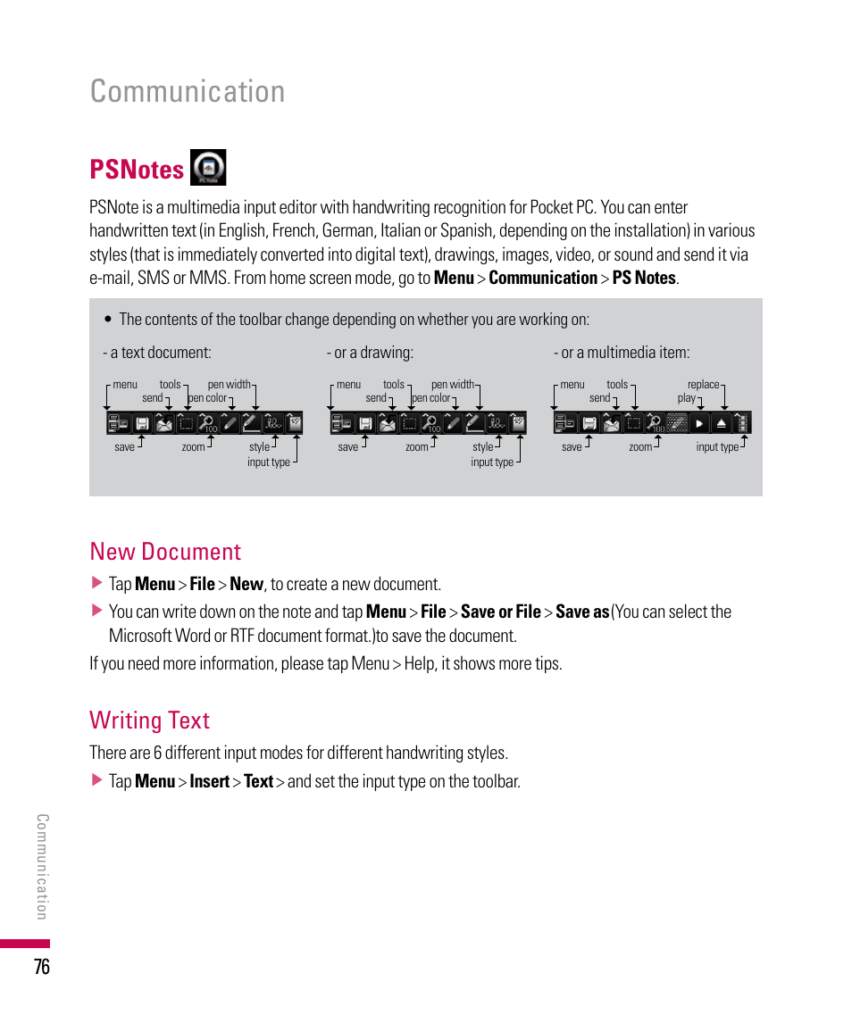 Communication, New document, Writing text | LG PDA User Manual | Page 76 / 195