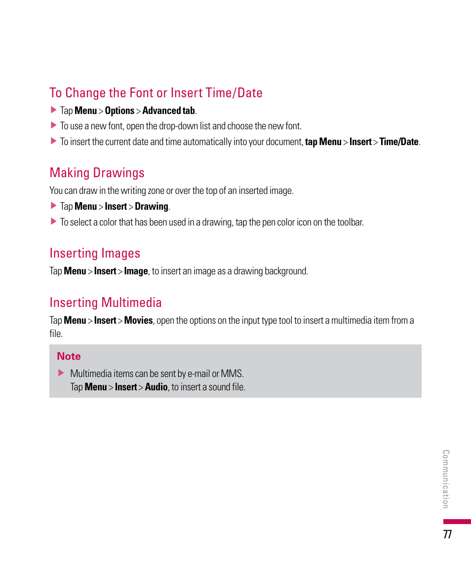 Making drawings, Inserting images, Inserting multimedia | LG PDA User Manual | Page 77 / 195