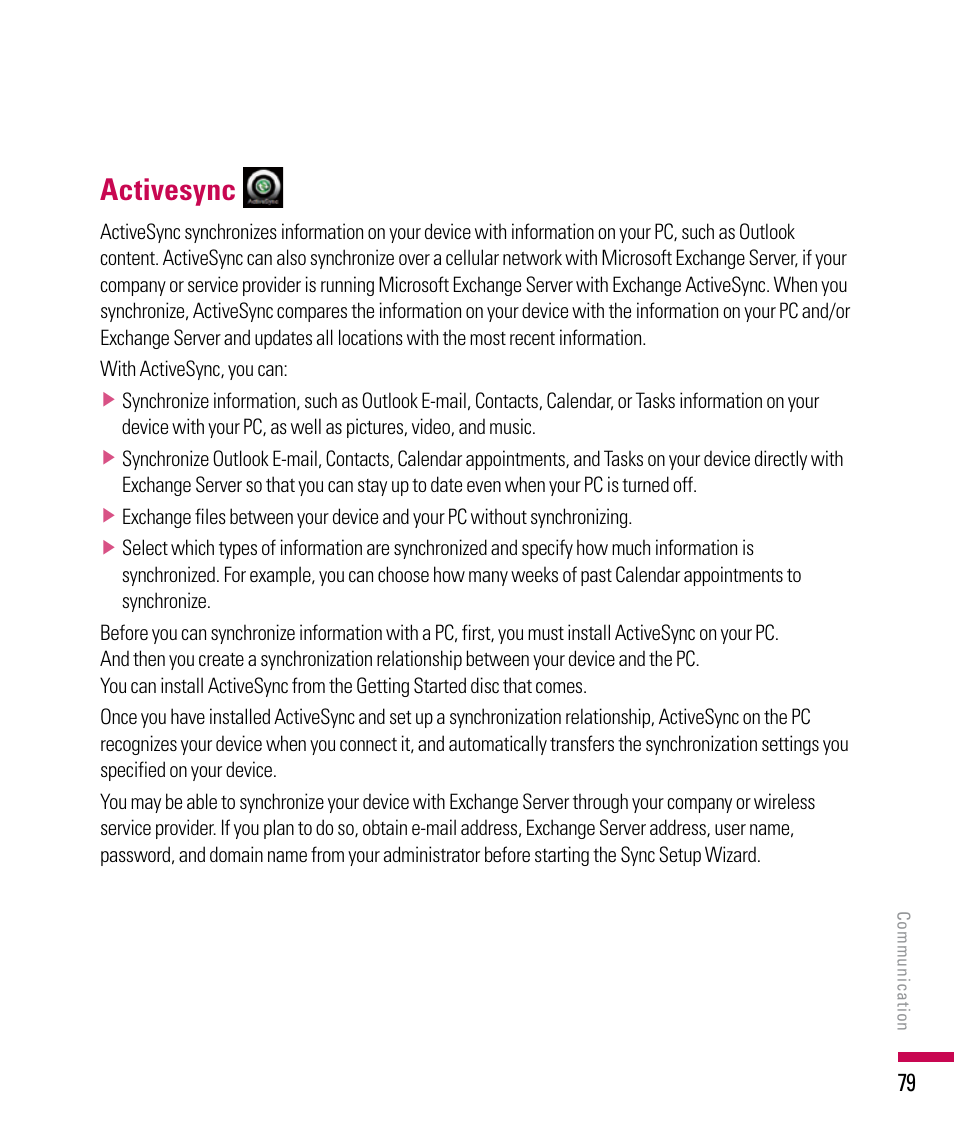 Activesync | LG PDA User Manual | Page 79 / 195