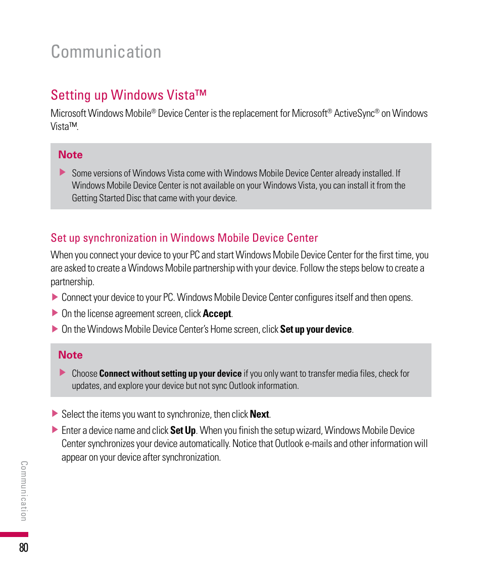 Communication, Setting up windows vista | LG PDA User Manual | Page 80 / 195