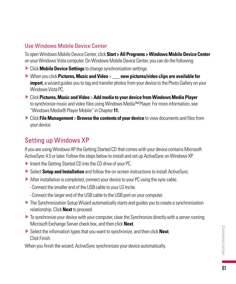 Setting up windows xp | LG PDA User Manual | Page 81 / 195