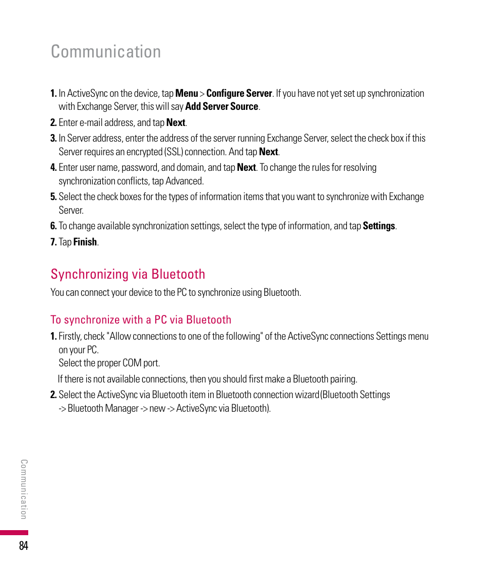 Communication, Synchronizing via bluetooth | LG PDA User Manual | Page 84 / 195