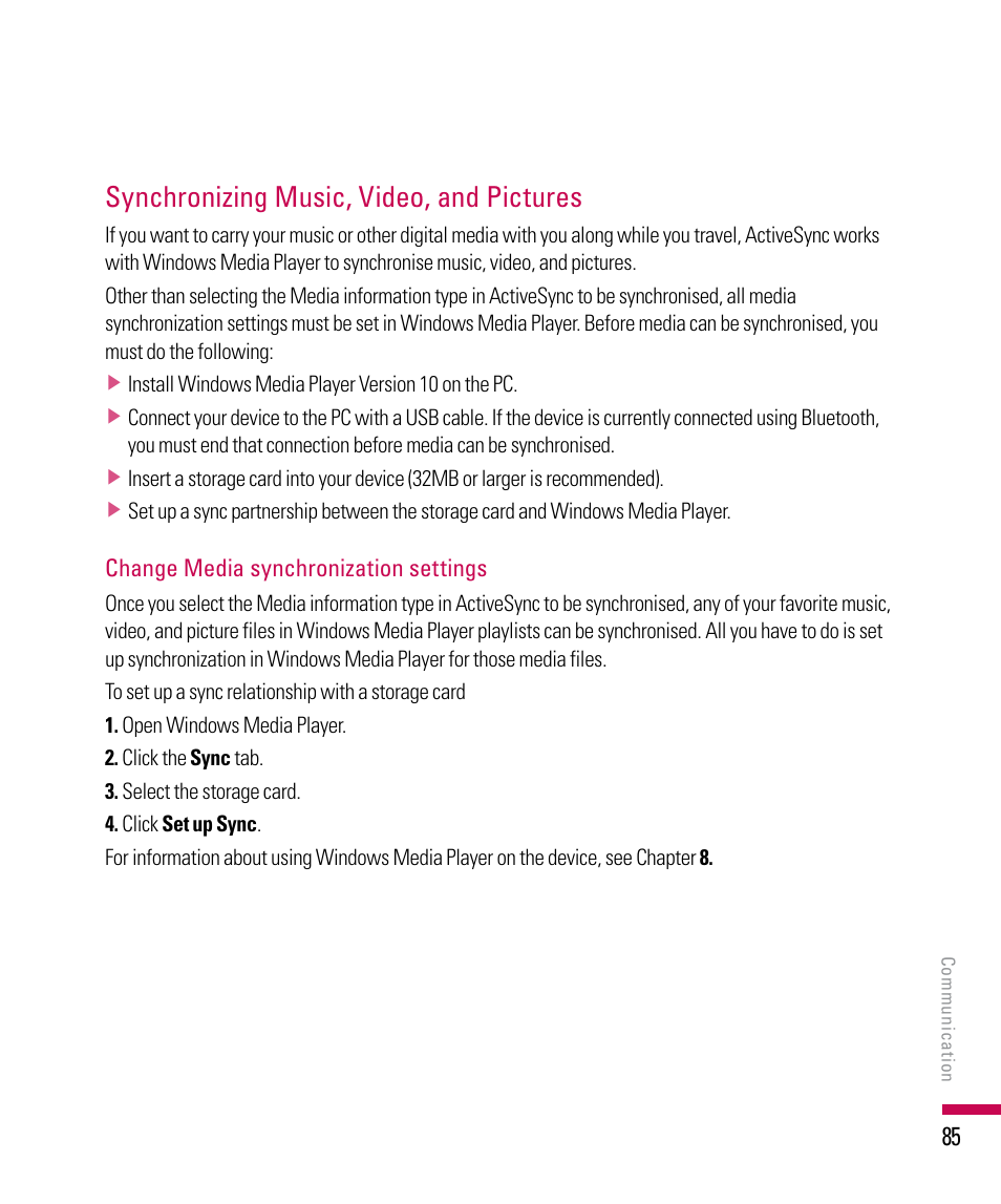 Synchronizing music, video, and pictures | LG PDA User Manual | Page 85 / 195