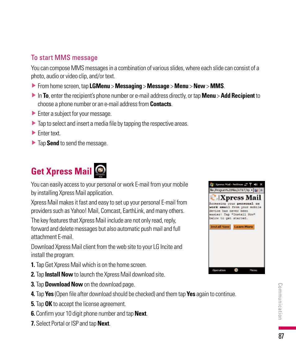 Get xpress mail | LG PDA User Manual | Page 87 / 195