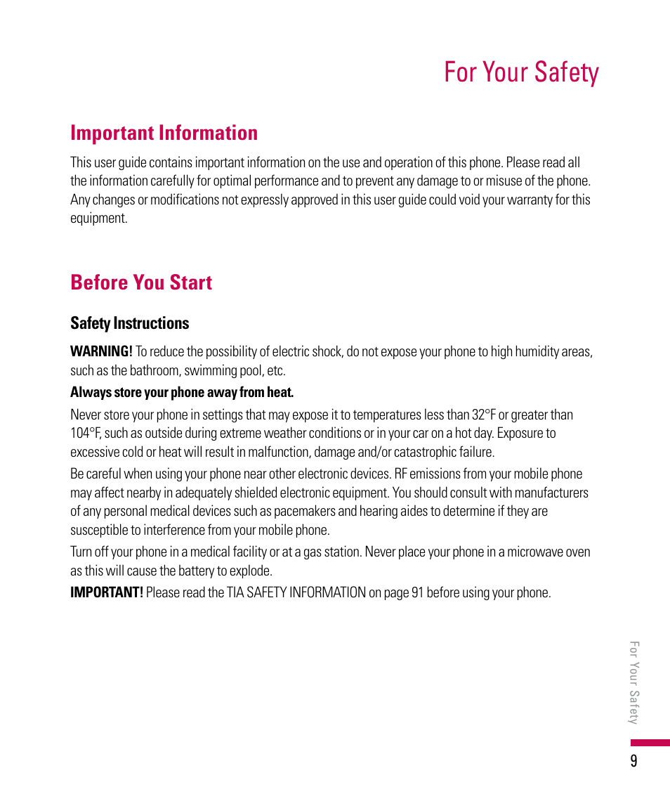 For your safety, Important information, Before you start | LG PDA User Manual | Page 9 / 195