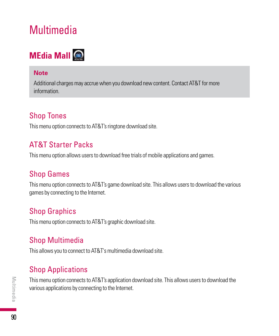 Multimedia, Media mall, Shop tones | At&t starter packs, Shop games, Shop graphics, Shop multimedia, Shop applications | LG PDA User Manual | Page 90 / 195