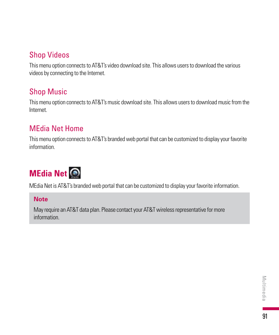 Media net, Shop videos, Shop music | Media net home | LG PDA User Manual | Page 91 / 195