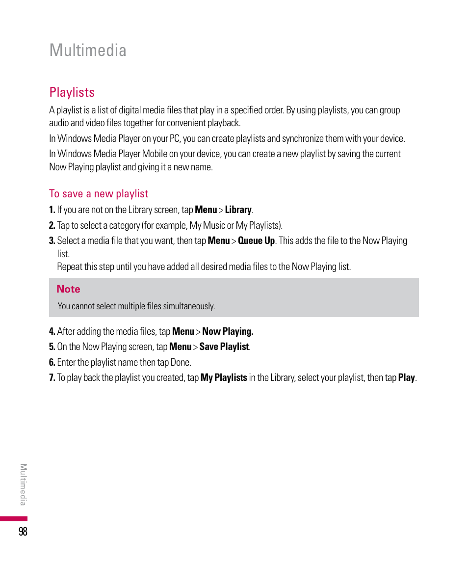 Multimedia, Playlists | LG PDA User Manual | Page 98 / 195