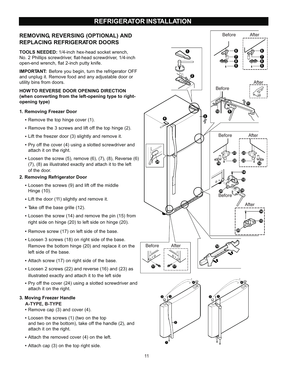 Refrigerator installation | LG LRTN2231 User Manual | Page 11 / 31