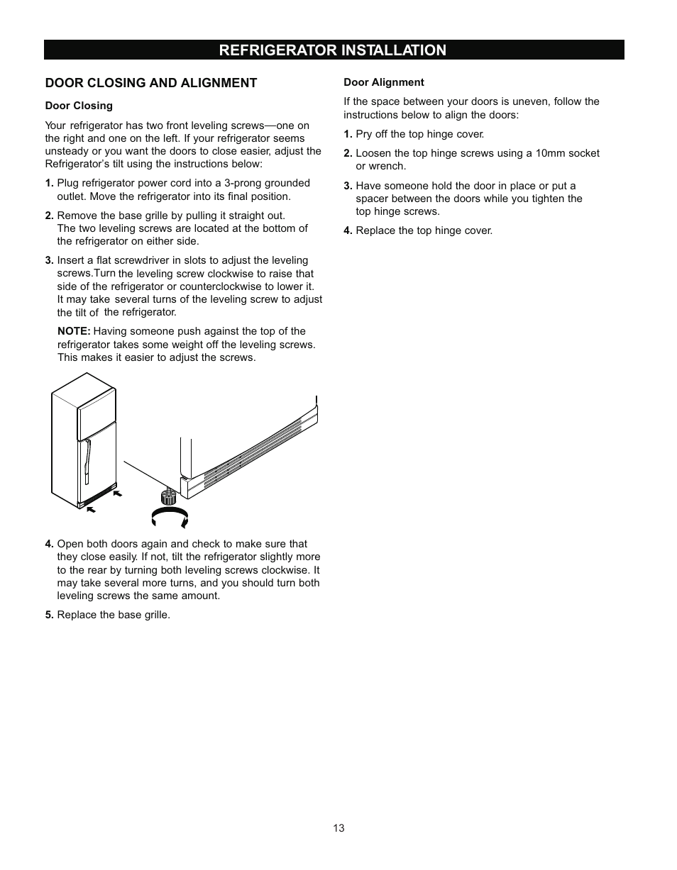 Refrigerator installation | LG LRTN2231 User Manual | Page 13 / 31