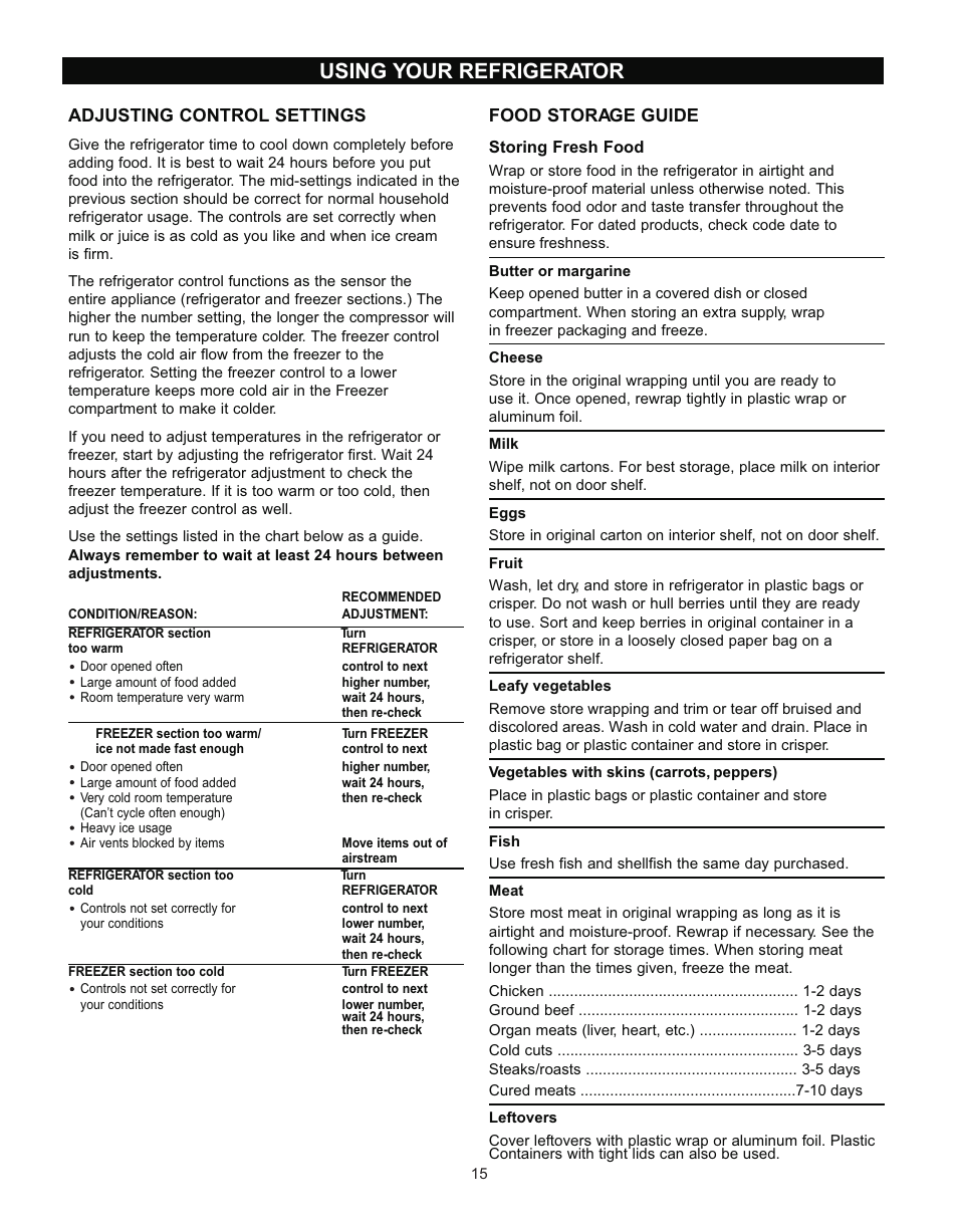 Using your refrigerator, Adjusting control settings, Food storage guide | LG LRTN2231 User Manual | Page 15 / 31