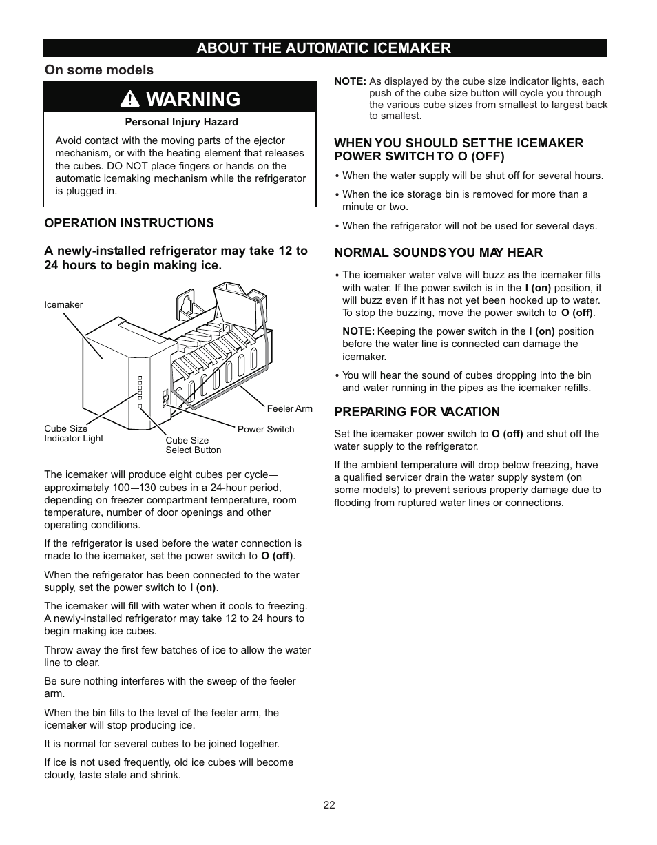 Warning, About the automatic icemaker | LG LRTN2231 User Manual | Page 22 / 31