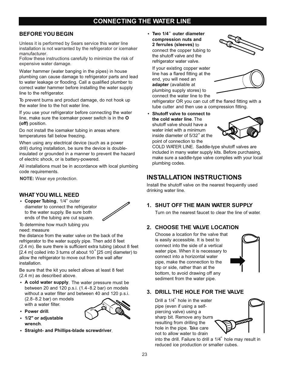 Installation instructions, Connecting the water line | LG LRTN2231 User Manual | Page 23 / 31