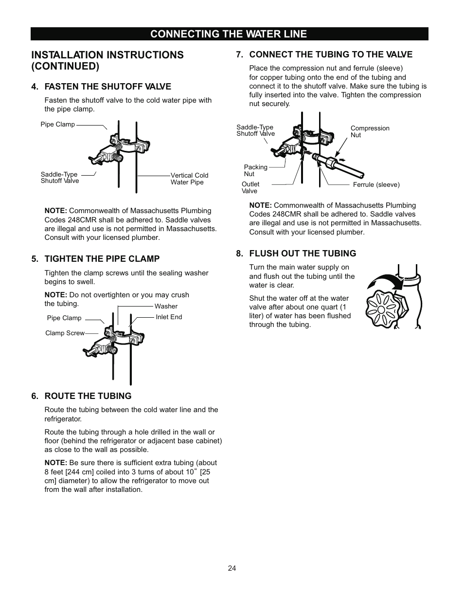 Installation instructions (continued), Connecting the water line | LG LRTN2231 User Manual | Page 24 / 31