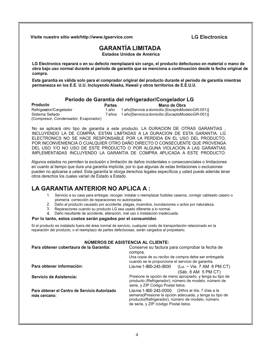 Garantía limitada, La garantia anterior no aplica a, Lg electronics | Período de garantía del refrigerador/congelador lg | LG LRTN2231 User Manual | Page 4 / 31