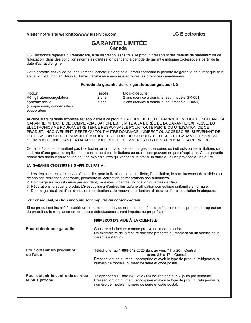 Garantie limitée, Lg electronics, Canada | LG LRTN2231 User Manual | Page 5 / 31