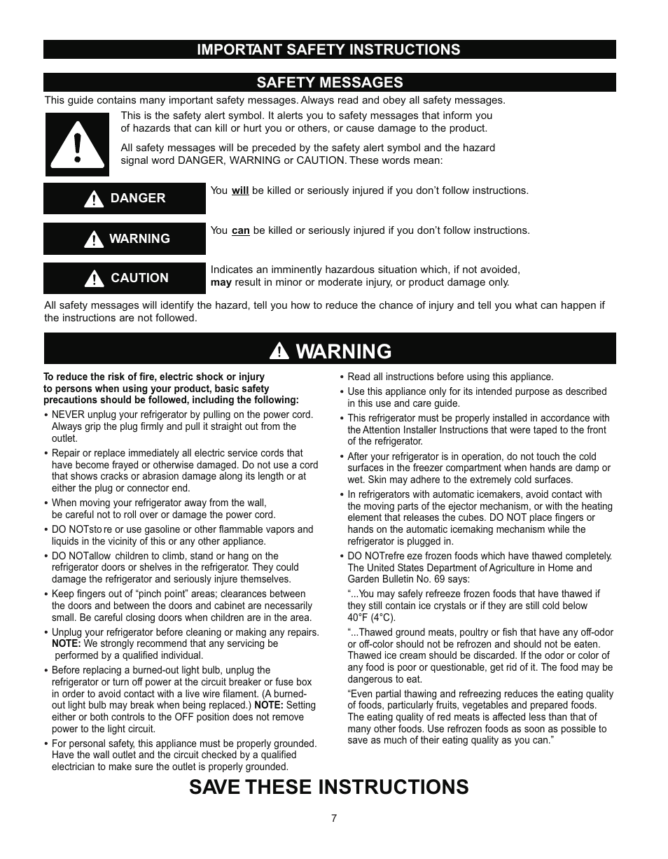 Warning, Save these instructions, Safety messages | Important safety instructions | LG LRTN2231 User Manual | Page 7 / 31