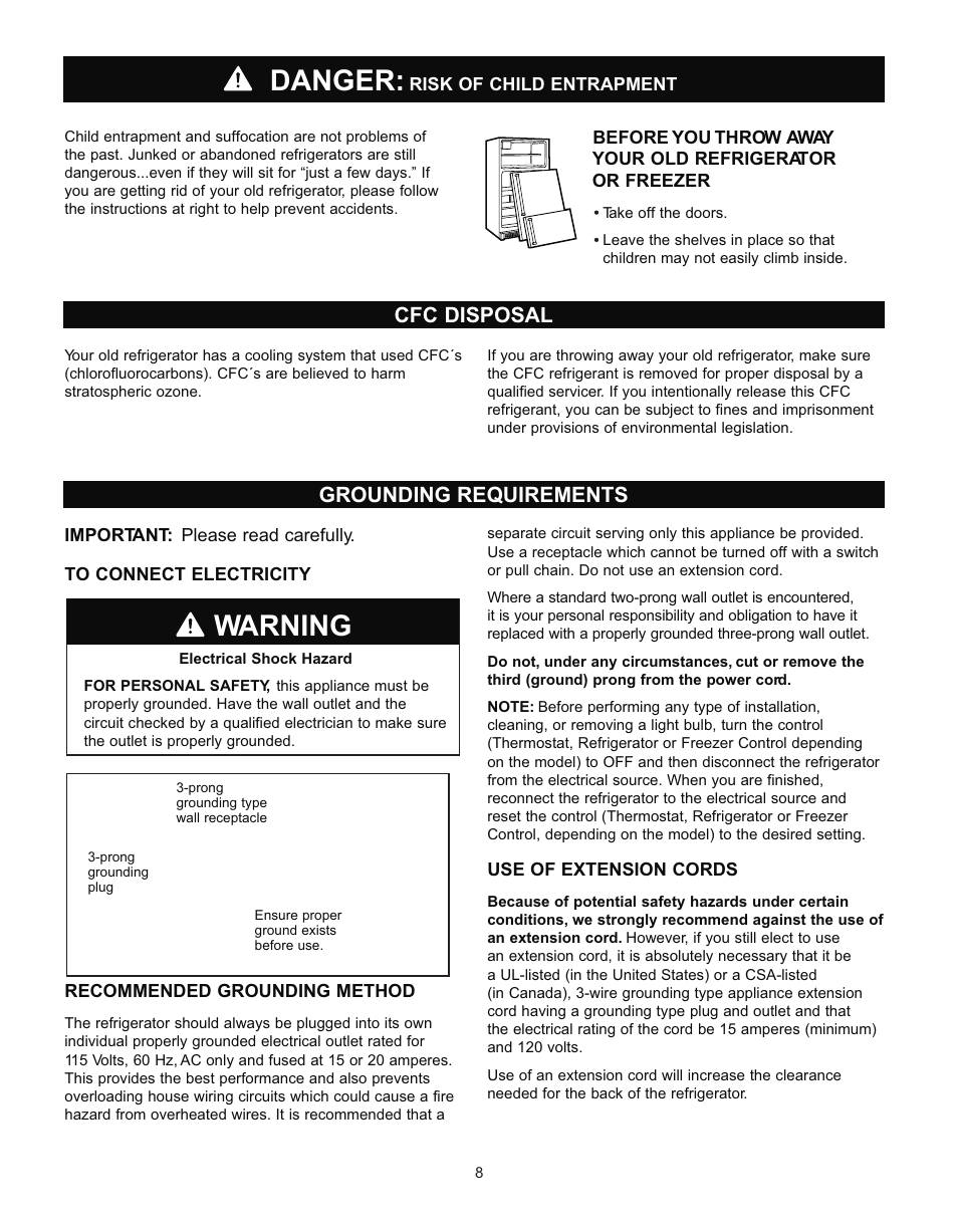 Warning, Danger, Cfc disposal grounding requirements | LG LRTN2231 User Manual | Page 8 / 31