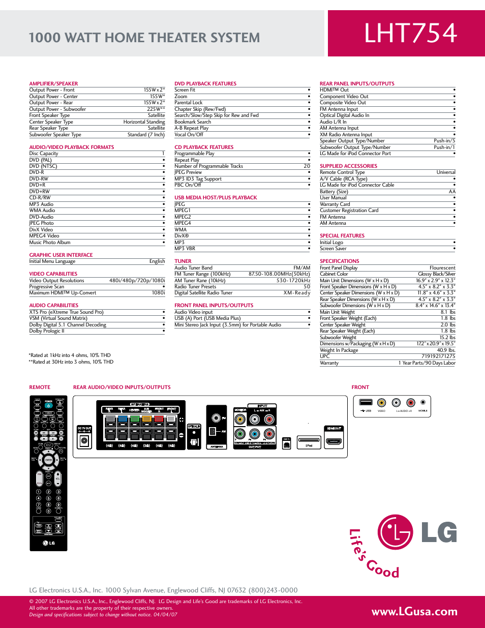 Lht754, 1000 watt home theater system | LG LHT754 User Manual | Page 2 / 2