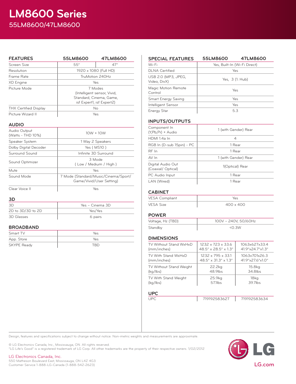 Lm8600 series, Lw9800 series | LG 55/47 Class 3D 1080p LED TV 47LM8600 User Manual | Page 2 / 2