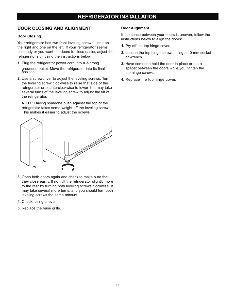 Refrigerator installation | LG LRBN2271 User Manual | Page 11 / 26