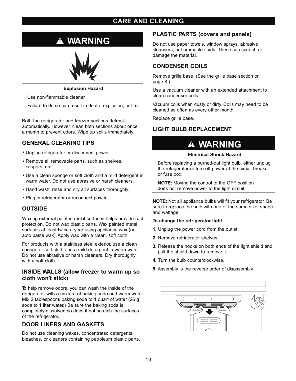 Warning, Care and cleaning | LG LRBN2271 User Manual | Page 19 / 26