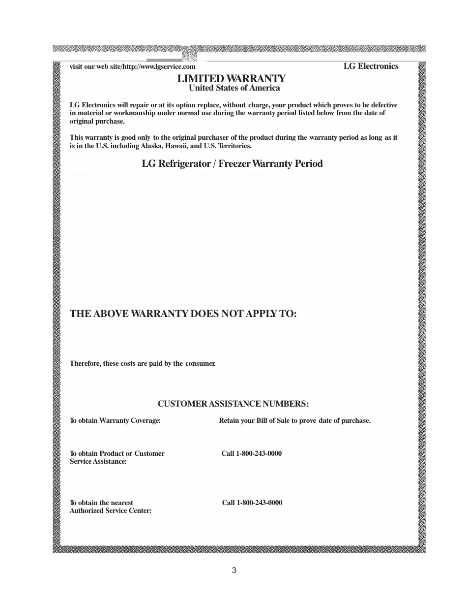 Limited warranty, Lg refrigerator / freezer warranty period, The above warranty does not apply to | LG LRBN2271 User Manual | Page 3 / 26