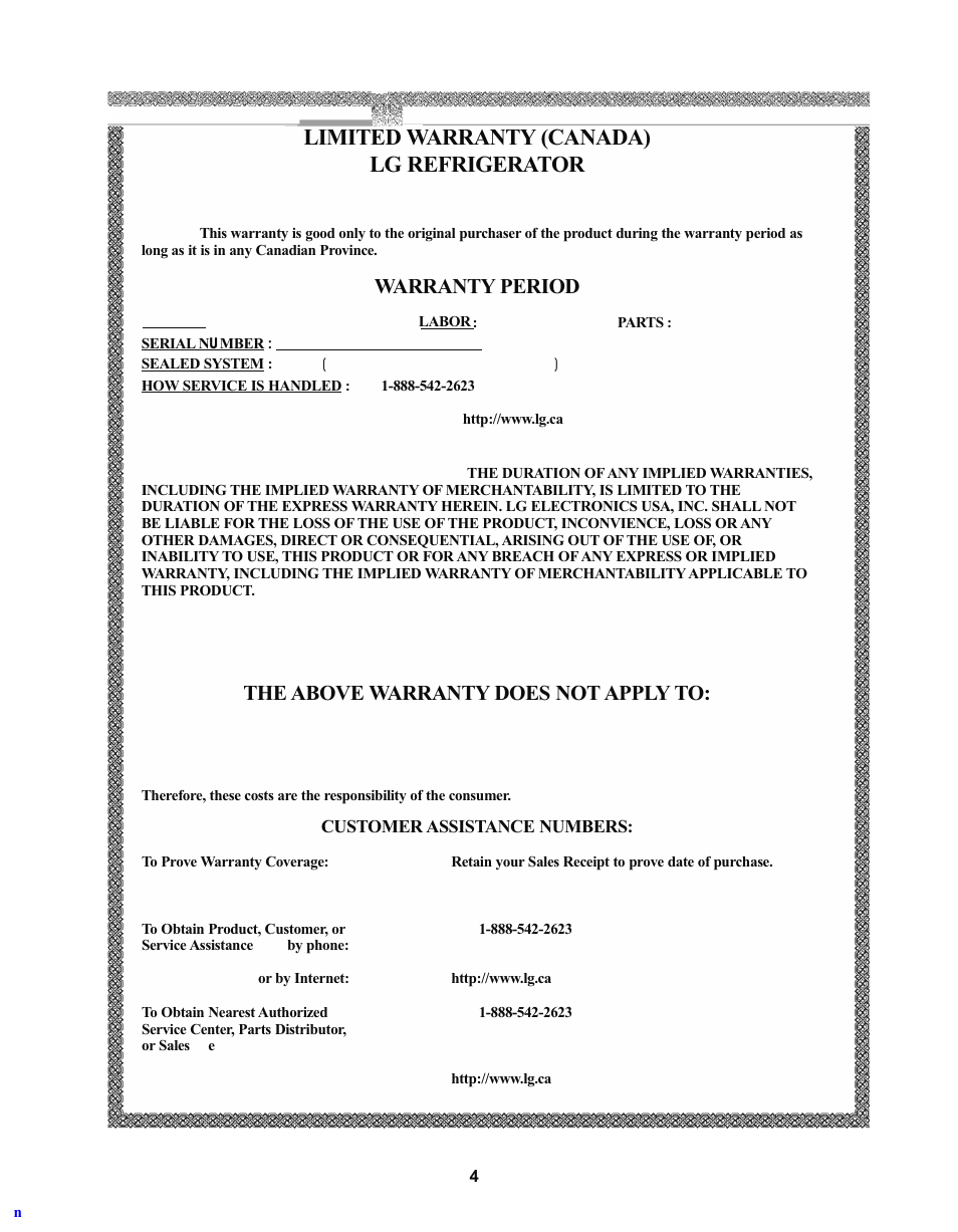 Limited warranty (canada) lg refrigerator, Warranty period, The above warranty does not apply to | LG LRBN2271 User Manual | Page 4 / 26