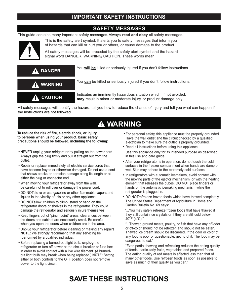 Warning, Save these instructions, Safety messages | Important safety instructions | LG LRBN2271 User Manual | Page 5 / 26